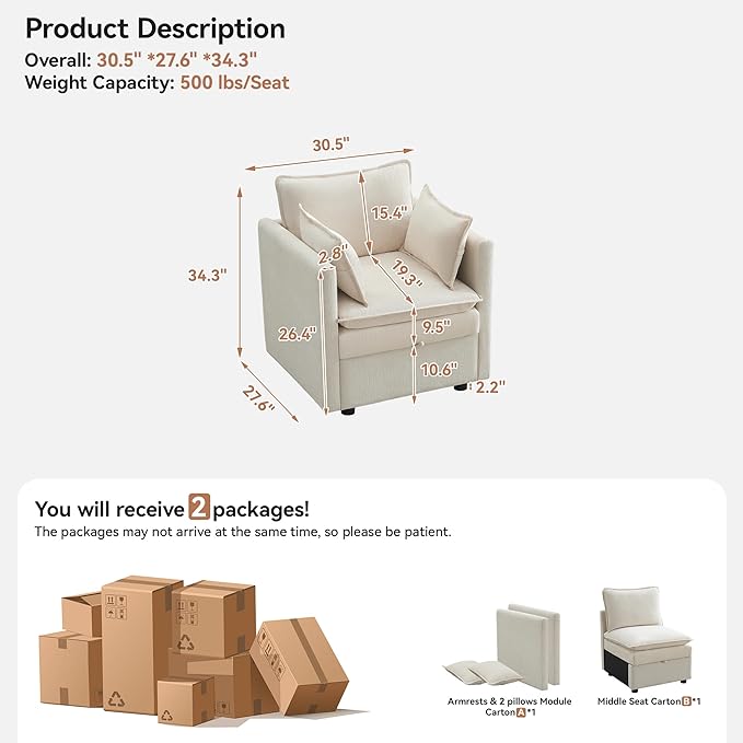 30 Cloud Modular Single Sofa Chair with Storage Modern Upholstered Accent Chair Deep Seat Chenille Reading Lounge Armchair for Living Room Bedroom Small Space Beige