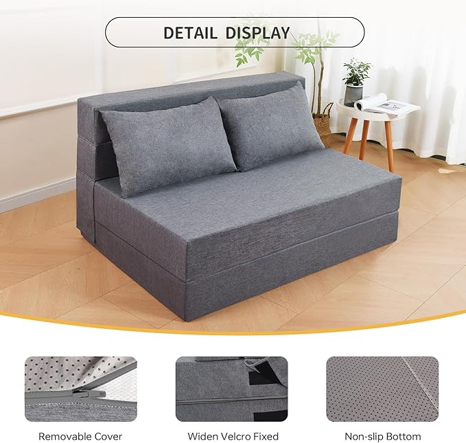 Folding Sofa Bed Twin Size Foldable Sleeper Chair with 2 Pillows Convertible Futon Sofa Bed with Washable Cover Fold Out Couch for Living Room Dorm Guest Room Standard Size Light Grey