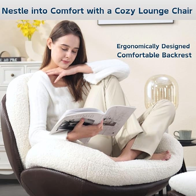 Swivel Sherpa Accent Chair with Ottoman Mid Century Modern Lounge Chair with Footrest Comfy Reading Chair with 360 Degree Metal Base for Small Space/Living Room/Bedroom White Fur