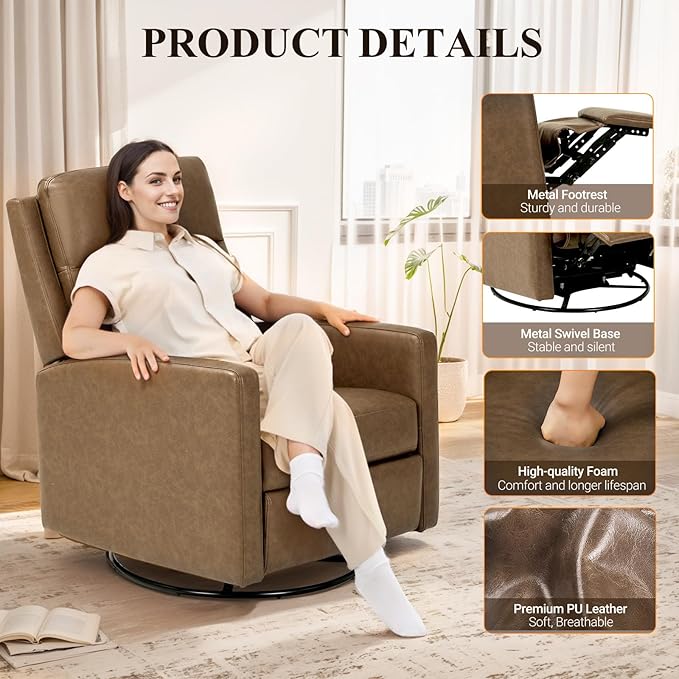 COLAMY Leather Recliner Chair for Adults Swivel Rocker Recliner for Small Spaces Wide Glider Rocking Nursery Chair with Ergonomic High Backrest for Home Living Room Office Bedroom（ Brown）