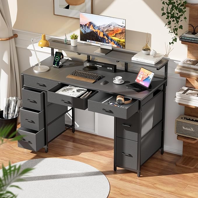 HLDIRECT 47 inch Computer Desk with 8 Storage Drawers Gaming Desk with LED Lights &amp USB Power Outlets Home Office Table with Monitor Stand Study Writing Work Table for Bedroom Grey