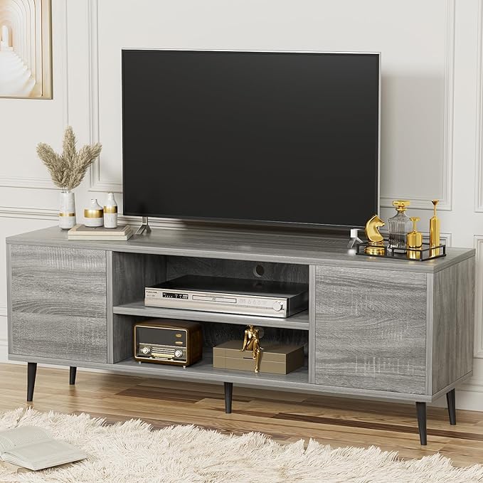 YESHOMY Modern TV Stand for 65 Television Entertainment Center with Two Storage Cabinets Retro Style Media Console for Living Room Bedroom Office 58 Inch Light Gray