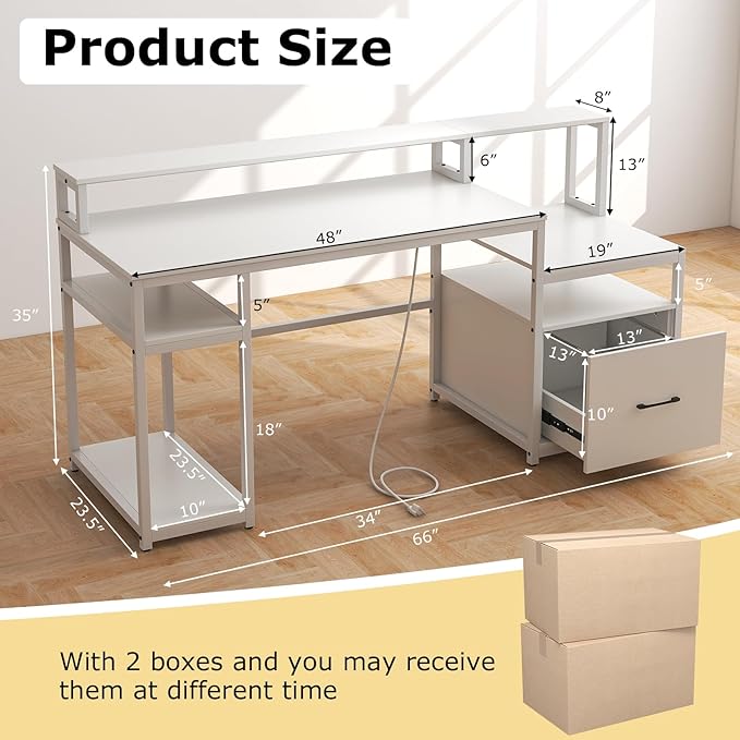Tangkula Computer Desk with Power Outlets 66” Computer Workstation with Monitor Stand CPU Stand Printer Shelf &amp File Drawer Writing Table Gaming Desk for Home Office (White)