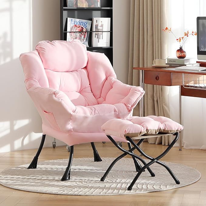 LITA Lazy Chair with Ottoman Modern Accent Leisure Upholstered Sofa Contemporary Lounge Reading Chair with Armrests and a Side Pocket for Living Room Bedroom &amp Small Space Pink