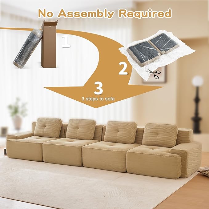 153 Modern Corduroy Cloud Sofa Boneless Modular Large Sectional Couches for Living Room Camel 4 Seater Compressed Memory Foam Couch Extra Deep Seat No Assembly