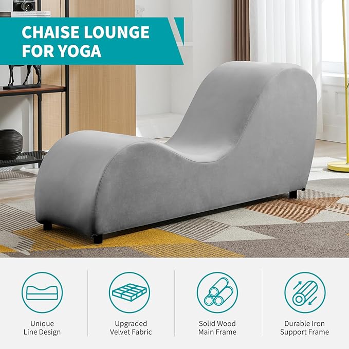 BALUS 60.6 Width Yoga Chaise Lounge Chair for Living Room Relaxing S-Shape Yoga Sofa Chair for Adults Office Yoga Stretching Velvet Yoga Chaise Lounges Indoor for Apartment Exercising Light Grey