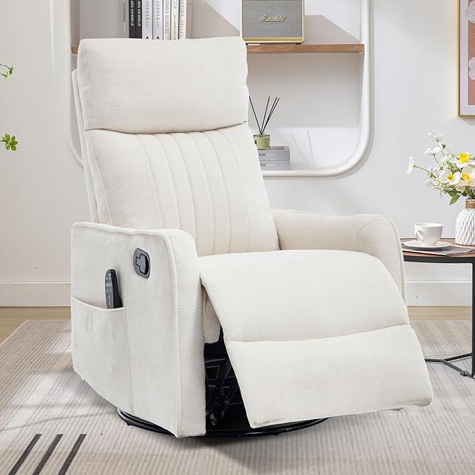 Swivel Rocker Recliner Chair 360° Swivel Recliner with Heat and Massage Rocker Recliner Nursery Glider Chair with Side Pockets for Living Room (Light Beige Fabric)