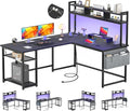 Aheaplus L Shaped Gaming Desk 59 Reversible Gaming Desk with Power Outlet and Led Lights L Shaped Computer Desk with Storage Shelves &amp Monitor Stand Home Office Desk L Shaped Corner Desk Blac