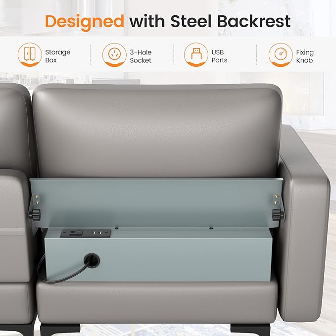 Giantex 97 Sectional Sofa Couch 3-Seater Modular Sleeper with USB Ports 3-Hole Socket Thick Cushion 2 Bolsters Armrest Magazine Pocket Metal Legs for Living Room Reception Bedroom Dark Grey