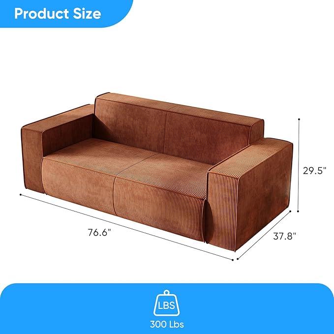 PUREMIND 3 Seater Corduroy Couch for Living Room 76 Modern Sofa in a Box No Installation &amp Easy to Transport Deep Seat Sofa with Wide Armrest Orange