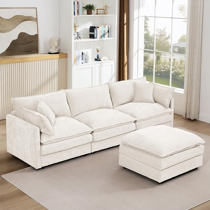 102 Beige Modular Sectional Sofa with Movable Ottoman Convertible L Shaped Chenille Cloud Couch Comfy 3-Seater Deep Seat Sofa Couches for Living Room Bedroom and Apartment (Beige 102)