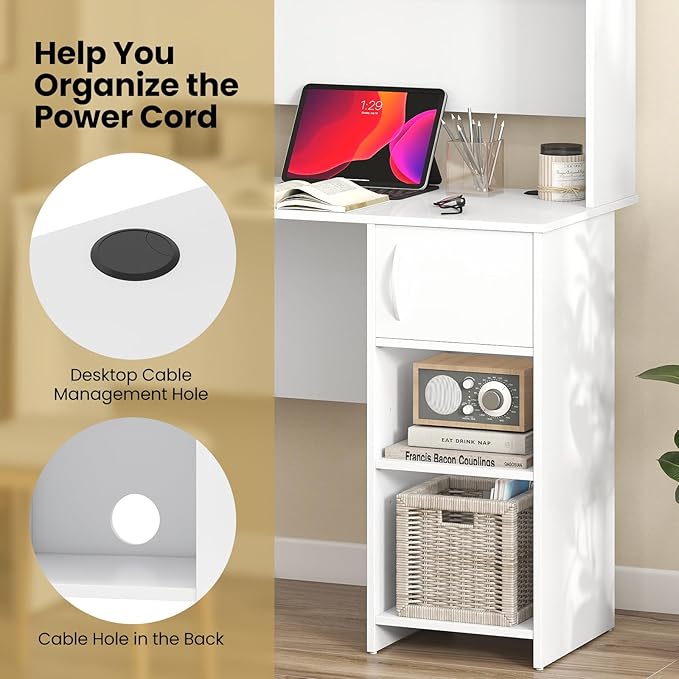 Giantex White Desk with Hutch Small Computer Desk with Bookshelf &amp Adjustable Shelf 2 Cable Holes Modern Laptop PC Computer Workstation Study Writing Desk for Small Spaces Bedroom Home Offic