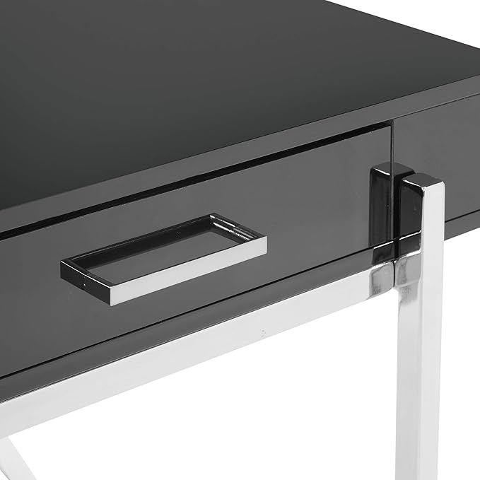 OSP Home Furnishings Broadway Modern Executive Desk with 3 Drawers and Charging Station Black Gloss Finish with Chrome Frame