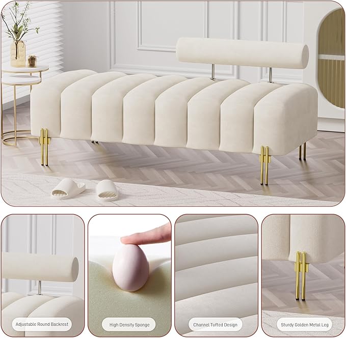 Small Loveseat Sofa Couch 52.2 Modern Velvet Mini Sofa for Bedroom Golden Legs Channel Tufted Window Bench with Adjustable Back for Living Room Apartment Compact Space Beige White