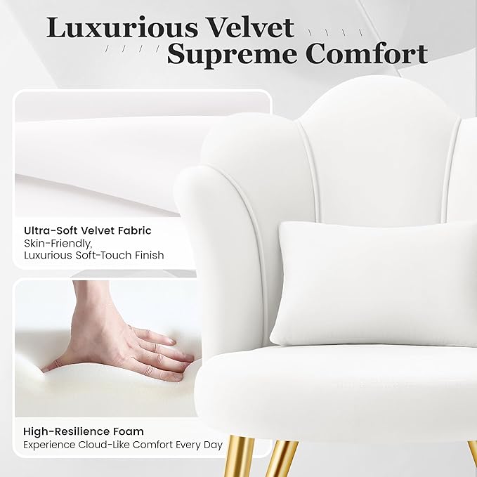 Petal Makeup Vanity Chair with Back Flower Chair Comfy No Wheels for Girls Women Makeup Chair with Golden Metal Legs &amp Lumbar Pillow for Living Room/Makeup Room/Bedroom/Home Office - White