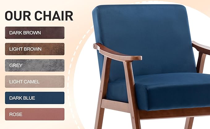Mid-Century Modern ChairUpholstered Armchair Living Room Chair with Solid Wood Frame Comfy Reading Chairs Lounge Side Chair for Living RoomBedroomBelcony. (Blue+Velvet)
