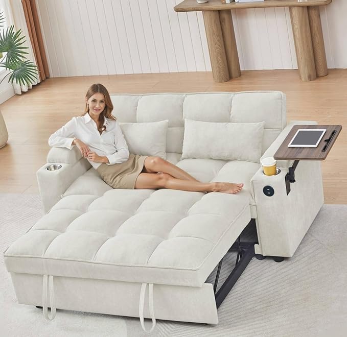 65'' Convertible Sleeper Sofa Bed with Adjustable Backrest Chaise Lounge Side Table &amp USB/Type-C Ports – Stylish &amp Functional Addition to Any Living Room (White)