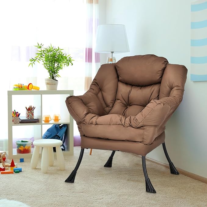 Giantex Modern Lazy Chair Accent Contemporary Lounge Chair Polyester Fabric w/Steel Frame Upholstered Single Sofa Chair w/Armrests &amp Side Pocket Leisure Sofa Chair (Brown)