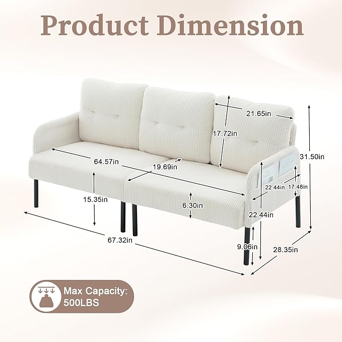 67 3 Seater Modern Couch Sofa Corduroy Fabric Upholstered Sofa for Small Space Living Room Bedroom Apartment Beige