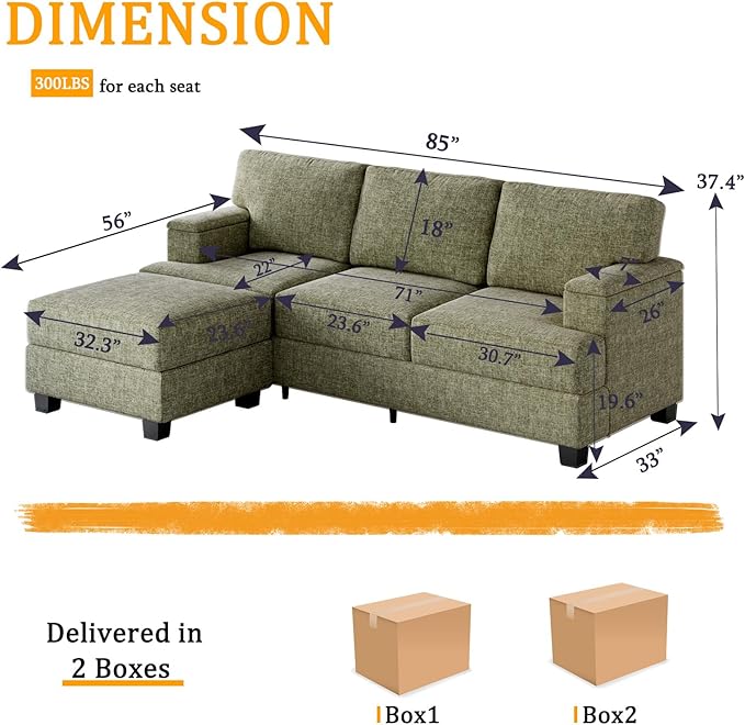 Sectional Couch Sofa with Armrest Organizer85 L Shaped Couch with OttomanVelvet Convertible Couches for Living Room3 Seats Sofas Set for BedroomHome FurnitureGreen