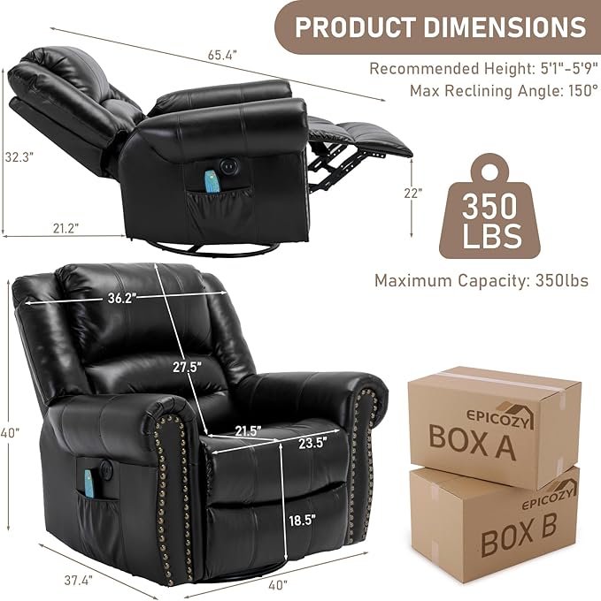 Manual Massage Swivel Rocker Recliner with Heat and Vibration 360° Swivel Glider Rocking Recliner Chair Classic Living Room Lounge Recliners with Side Pockets &amp USB Ports Black