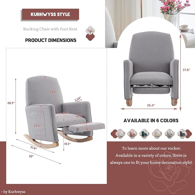 Modern Rocking Chair Nursery Comfy Glider Nursery Chair with Foot Rest Upholstered Rocker with Pocket Accent Reading Armchair with Solid Wood Base for Living Room Bedroom Lounge Room (Light Gray)