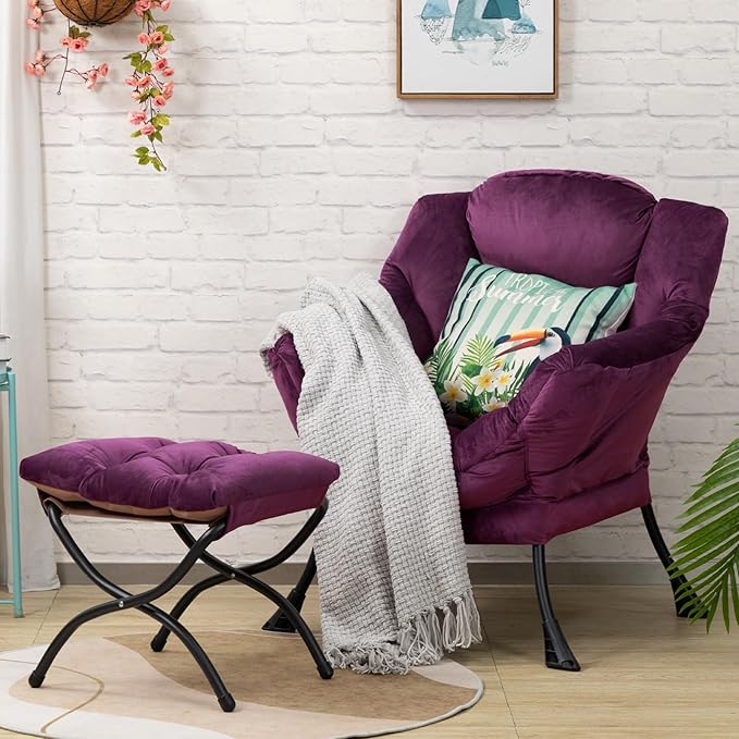 HollyHOME Lazy Chair with Foldable Ottoman Accent Comfy Lounge Armchair and Folding Footrest Stool Leisure Sofa Reading Chair and Footstool for Living Room Bedroom DormVelvet Purple