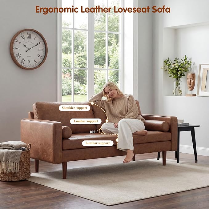70 Mid-Century Modern Sofa Couch – Faux Leather Loveseat Sofa with Deep Seat &amp Solid Wood Frame – Includes 2 Accent Pillows – Brown Living Room Bedroom Office | Faux Leather Easy to Clean High