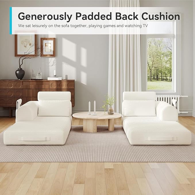 79'' Upgrade High Backrest Sofa Bed with Fixed Frame Removable Armrests &amp Backrest Corduroy Fabric Convertible Couch for Small Spaces No Assembly Needed (High Backrest Beige White)