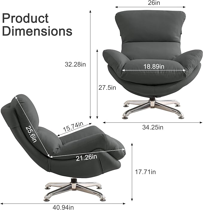 360° Swivel Oversized Accent Chairs Set of 2 Fabric Upholstered High Back &amp Thick Cushion Ergonomic Comfy Reading Lounge Sleeper Chair with Sturdy Metal Base for Living Room Bedroom Grey