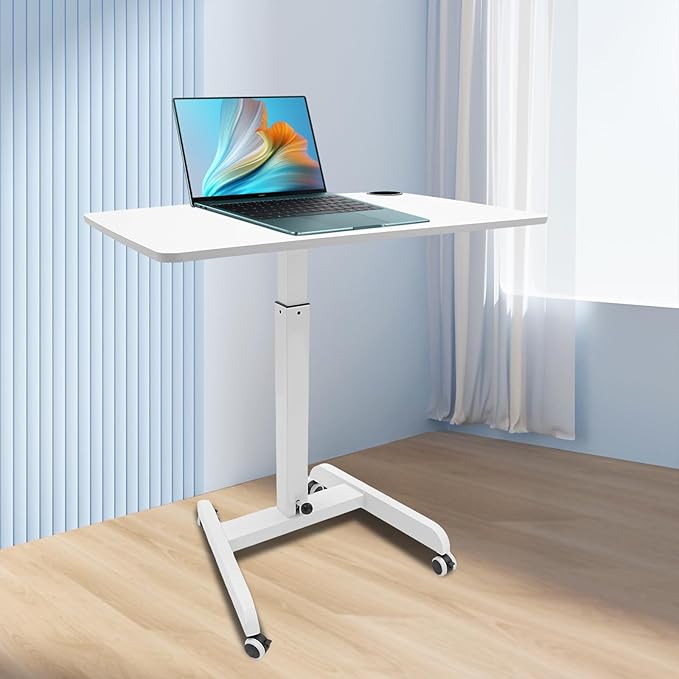 Adjustable Height Mobile Standing Desk with Wheels Pneumatic Lift Rolling Computer Table for Office Home Classroom White Iron Workstation w/Cup Holder &amp Pen Slot