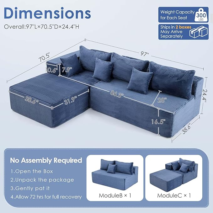 Redlife 97 L-Shaped Modular Sectional Sofa 4-Seater Boneless Couch with Ottoman 28 Deep Seat Blue Corduroy Upholstery Non-Slip Texture No Assembly Required