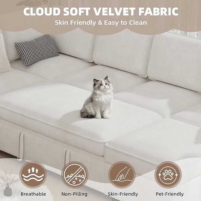120 Sectional Sofa Couch with Pull out Bed 7 Seat U Shaped Pull out Couch Bed with USB Ports Velvet Modular Sleeper Sofa Bed with Throw Pillows Large Sectional Couches for Living Room Beige