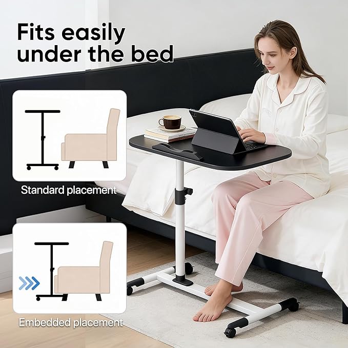 MoNiBloom Mobile Laptop Desk 360° Rotatable Panel Adjustable Height Desk Rolling Cart Ergonomic Table with Wheels for Home Office School Black