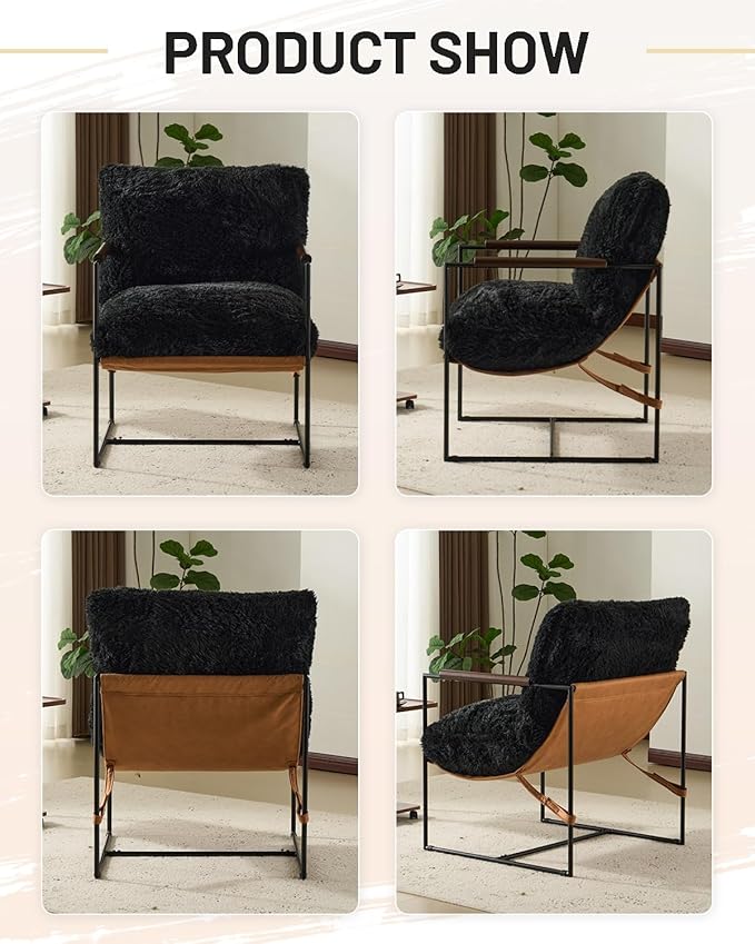 Karl home Modern Accent Chair Plush Fleece Upholstered Living Room Chair with Metal Frame Wooden Armrest Comfy Lounge Armchair for Living Room Bedroom Balcony Reading Room Black