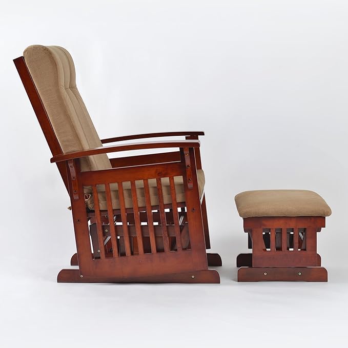 Solid Wood Glider Rocking Chair and Ottoman Set Rustic Nursery Glider Rocker with Padded Cushion Smooth Rocking Motion Indoor Living Room NursingNappingReading Coffee