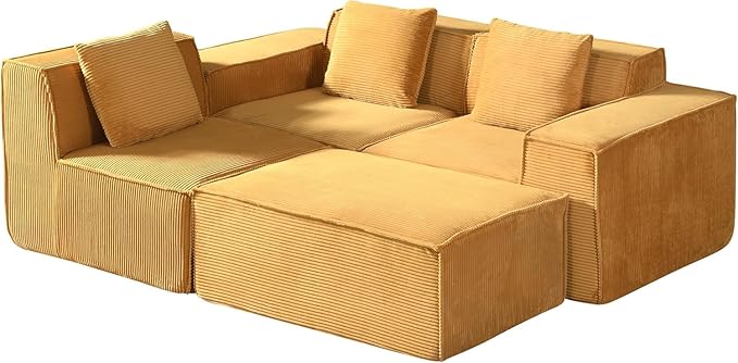 Harper Convertible Corduroy Sectional Couch with Ottoman &amp Pillows Modular L Shaped Sleeper Sofa Boneless Cloud Couch for Living Room Furniture Ginger Yellow
