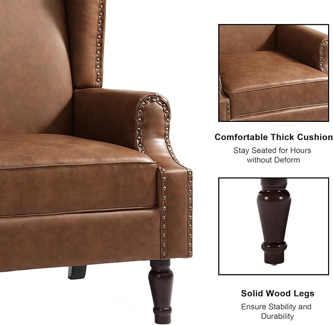 Floral High Back Accent Chair Upholstered Armchair with Solid Wood Legs Comfy Wingback Reading Single Sofa Chair for Small Spaces Living Room Bedroom(Leather Brown Set of 1)