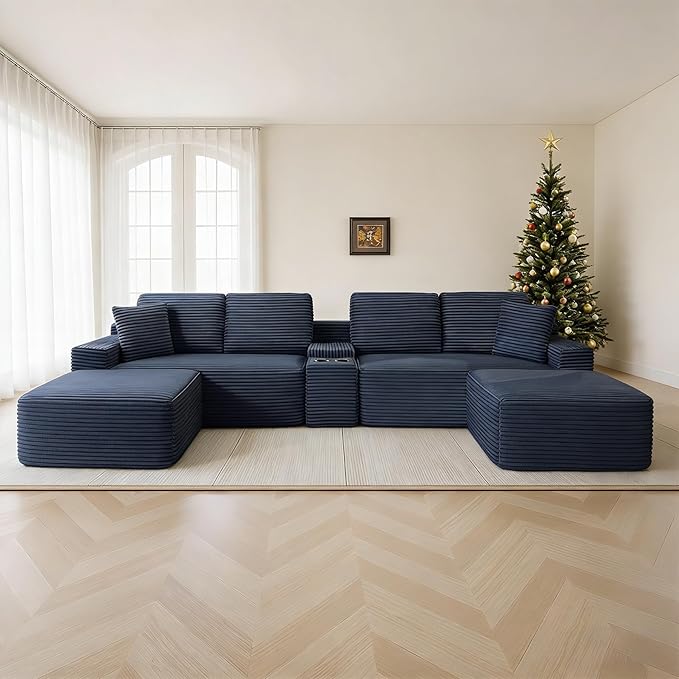 125 U-Shaped Sectional Couch Oversized Modular Sectional Sofa with USB Port &amp Storge Console Modern Corduroy Boneless Cloud Couch for Living Room No Assembly RequiredBlue