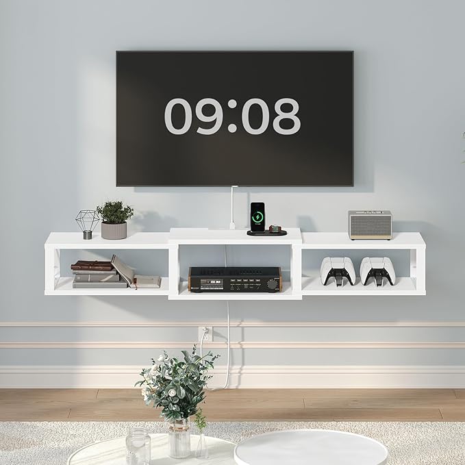 62.5 Floating TV Stand with Power Outlet Wall-Mounted Entertainment Center for 75 inch TVs Floating Media Console Shelf for Under TV Storage for Living Room Bedroom White TVWT102E01
