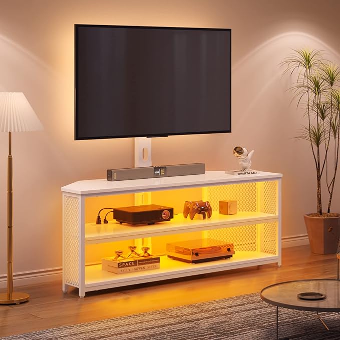 Rolanstar TV Stand with Mount and Power Outlet Swivel TV Stand with LED Lights for 32/45/55/60/65/70 inch TVs White Entertainment Center Media Console with Height Adjustable Mount