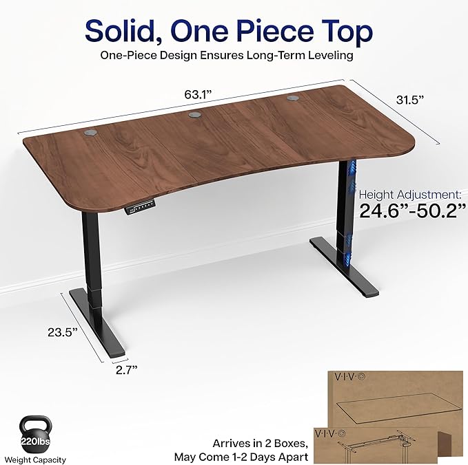 VIVO Electric 63 x 32 in Standing Desk Touch Screen Adjustment 220 lb Frame Support 2E Series Dark Walnut Top Black Frame DESK-KIT-2EBD