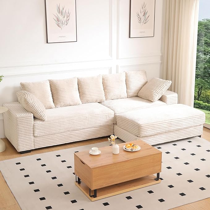 108 Oversized Sectional Sofa Modular Deep Seat Sofa Couch with Storage Ottoman Modern Comfy Upholstered Cloud Couches L-Shaped Corduroy Sofa Chaise with 8 Pillows for Living Room Apartment Beige