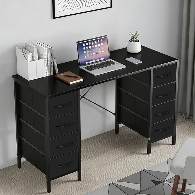 DUMOS 47 Inch Computer Desk with 8 Fabric Drawers Office Gaming Desk with Storage Writing Study Table with X-Shaped Reinforced Structure Black