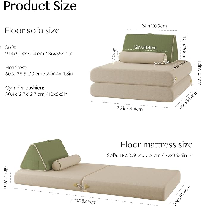 Daneey Convertible Folding Sofa Bed Foldable Floor Sofa Bed with Back Support Pillow Folding Chair Bed Floor Mattress for Adults Soft Sofa Bed Floor Sofa Chair with 2 Bolster Pillow Washable Cover