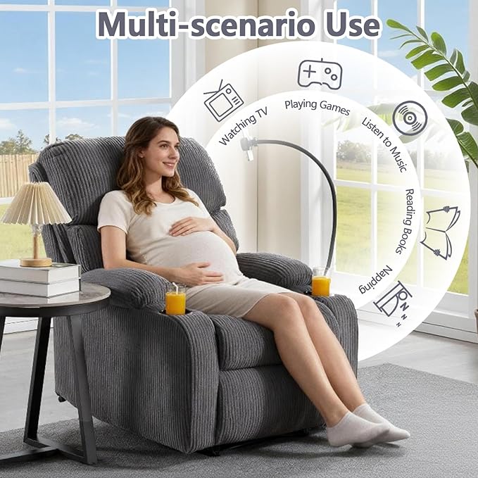 Manual Recliner ChairModern Corduroy Reclining Chairs with Phone Stand &amp Cup HoldersOverstuffed Single Sofa Recliner for AdultsLiving Room Bedroom Home Theater (Grey)