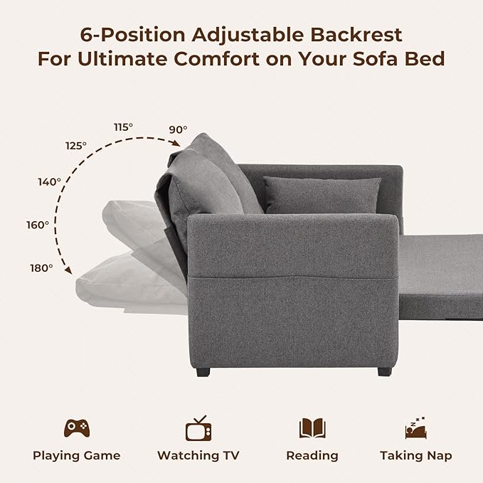 Furnimart 62 Queen Sleeper Sofa 3 in 1 Convertible Loveseat Sleeper Pull Out Sofa Bed with 6-Position Adjustable Backrest Modern Futon Couch for Living Room Apartment RV Linen Dark Grey