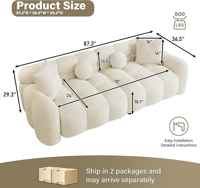 Boucle Sofa Couch 87.3 Modern Tufted Upholstered Teddy 3 Seater Sofa with 4 Pillows Sherpa Deep Seat Cloud Couch Comfy Loveseat Oversized Sofas for Living Room Apartment Beige White