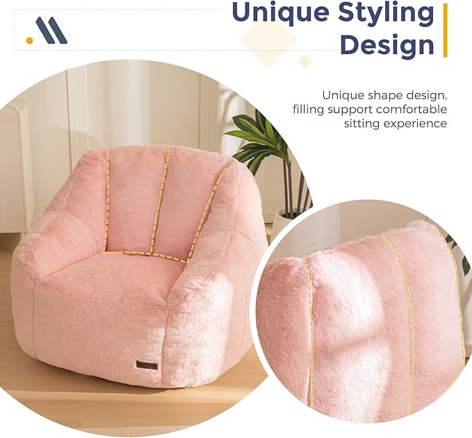 MAXYOYO Bean Bag Chair Comfy Bean Bag Sofa with Back Support Faux Fur Bean Bag Chair for Adults and Kids Stuffed Floor Sofa for Living Room Bedroom Apartment Pink