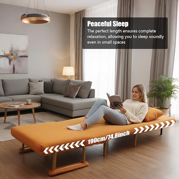 Convertible Sleeper Sofa Bed 3 in 1 Multi-Functional Sofa Chair Bed with 5 Position Adjustable Backrest Folding Sofa Bed Floor Single Chairs Fold Out Chair Beds for Living Room (Orange)
